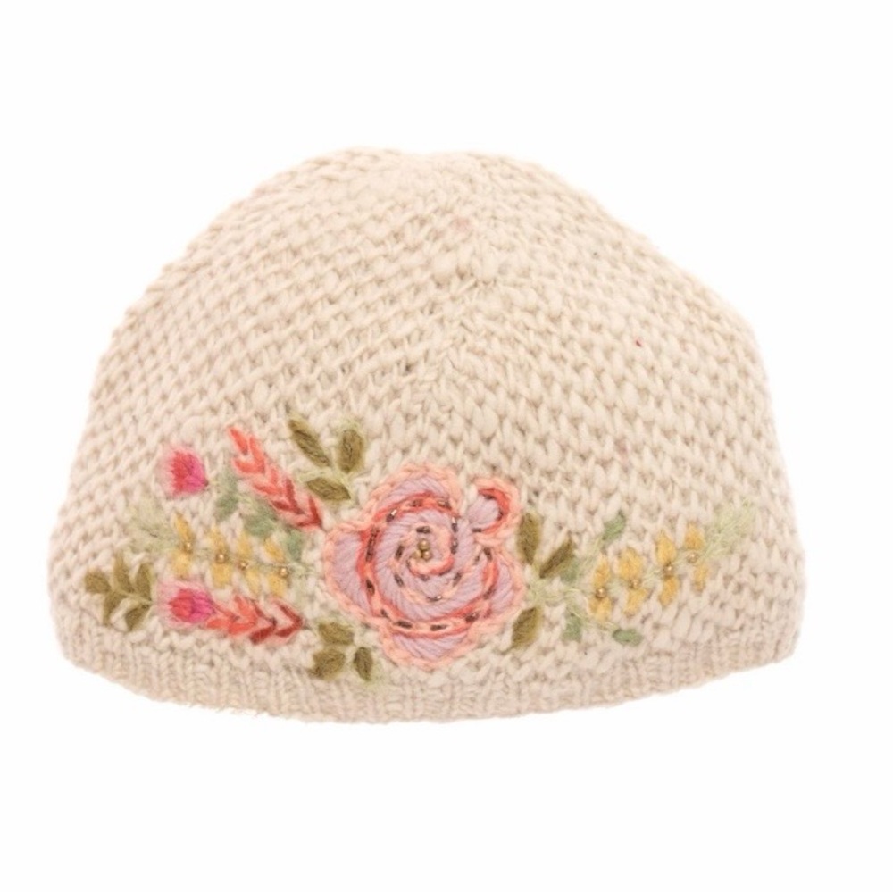 Josephine Cloche French Knot Embroidered Cream Knit Beanie